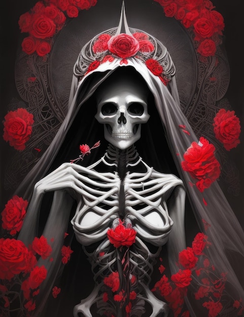 Un esqueleto con un velo y rosas.