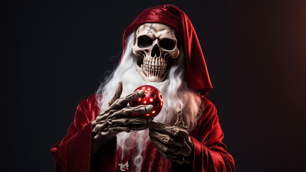 Un esqueleto vestido de rojo sosteniendo una bola roja