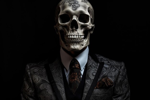 Esqueleto vestido con traje de negocios Fondo oscuro IA generativa
