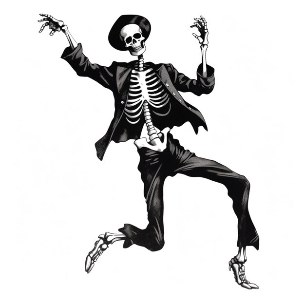 esqueleto vestido con traje y sombrero saltando con un cuchillo ai generativo