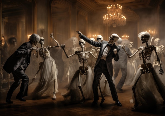 Esqueletos assustadores dançando em um salão de baile assombrado