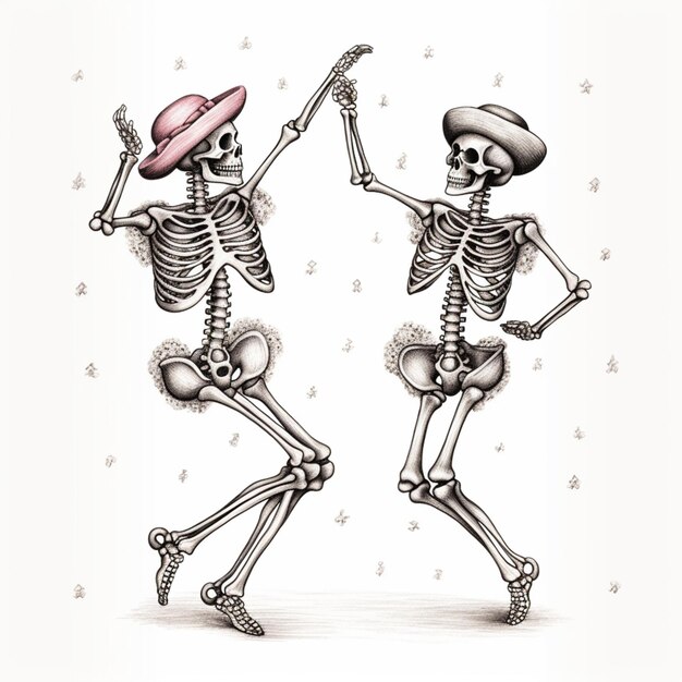 esqueletos bailando en una pose de danza mexicana con un sombrero rosa ai generativo