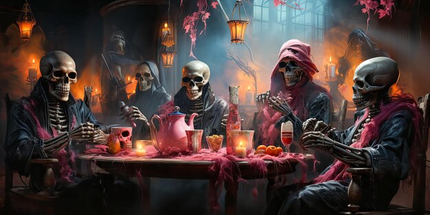 esqueletos com roupa elegante e festiva, sentados à mesa e comemorando o Halloween