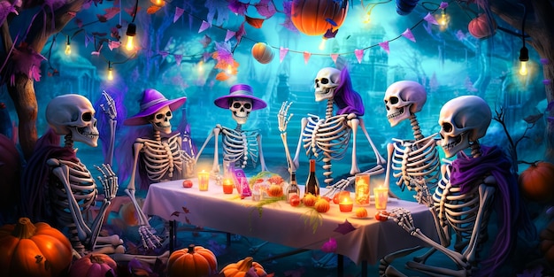 esqueletos com roupa elegante e festiva, sentados à mesa e comemorando o Halloween