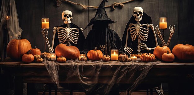 esqueletos de abóboras e fantasmas em uma mesa de madeira escura no estilo de vibração sinistra