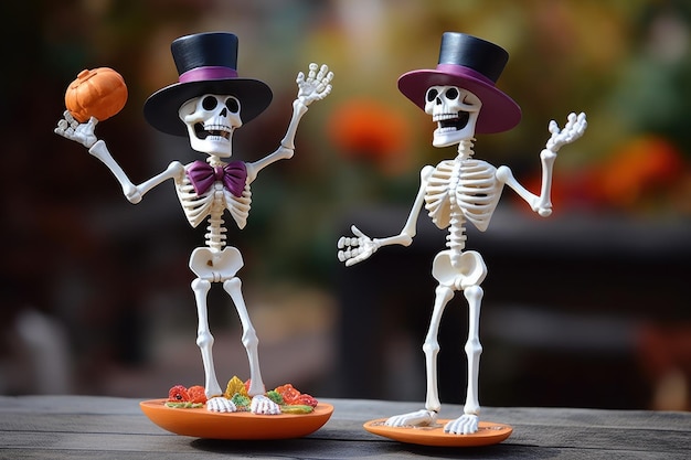 esqueletos de brinquedo em chapéus fora em Halloween