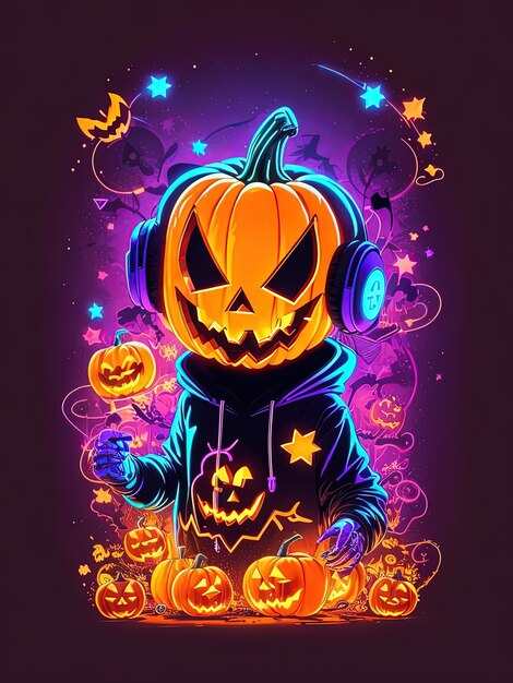 Esqueletos de espetáculo de halloween de néon, abóboras e muito mais em  logotipos de camisetas e livros para colorir