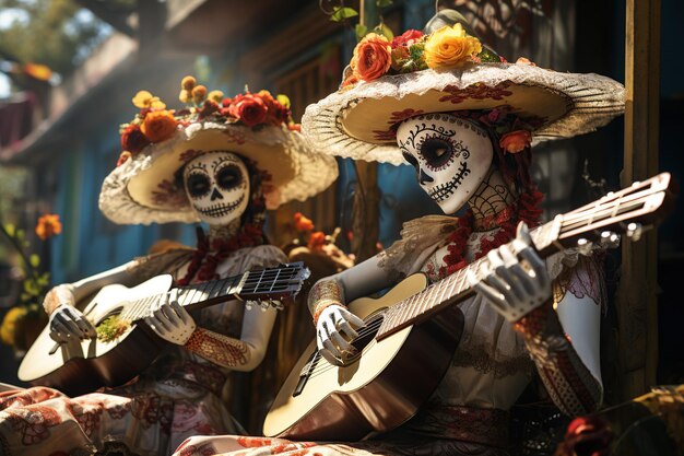 Esqueletos de mariachi artisticamente elaborados adornados com sombreros tocam guitarras em um cenário calorosamente iluminado celebrando o Dia dos Mortos AI Generative