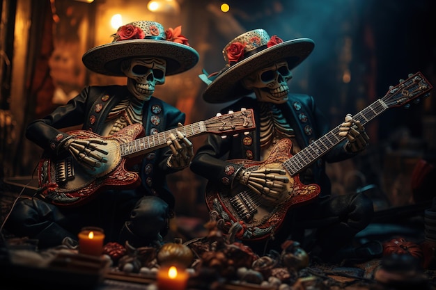 Esqueletos de mariachi artisticamente elaborados adornados com sombreros tocam guitarras em um cenário calorosamente iluminado celebrando o Dia dos Mortos AI Generative