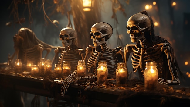 Esqueletos de fiesta de Halloween con pancarta de madera en Spooky Nights