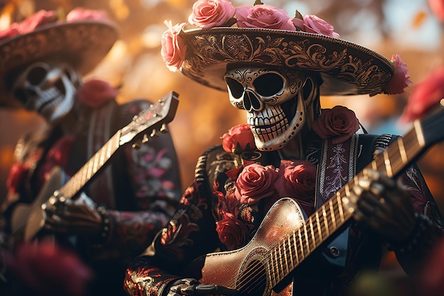 Foto esqueletos de mariachi artísticamente elaborados adornados con sombreros tocan guitarras en un entorno cálidamente iluminado celebrando el día de los muertos ai generative