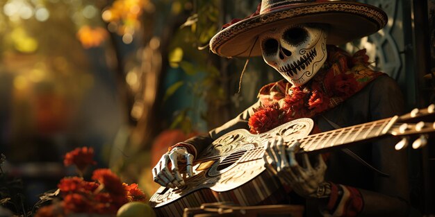 Esqueletos de mariachi artísticamente elaborados adornados con sombreros tocan guitarras en un entorno cálidamente iluminado celebrando el Día de los Muertos AI Generative