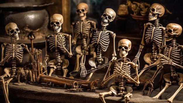 Esqueletos sobre una mesa con fuego de fondo