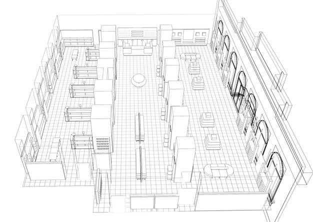 Esquema de boceto de ilustración 3D de visualización de contorno de centro comercial