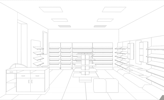 Esquema de boceto de ilustración 3D de visualización de contorno de centro comercial