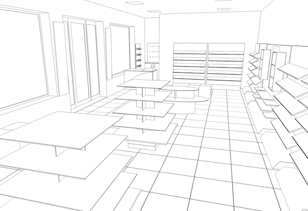 Esquema de boceto de ilustración 3D de visualización de contorno de centro comercial