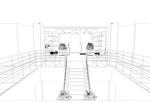 Esquema de boceto de ilustración 3D de visualización de contorno de centro comercial