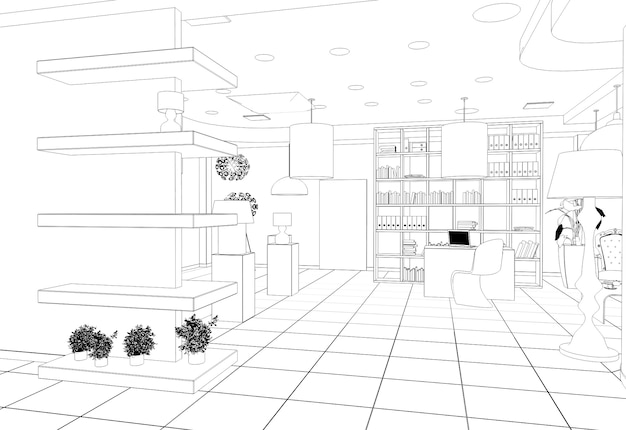 Esquema de boceto de ilustración 3D de visualización de contorno de centro comercial