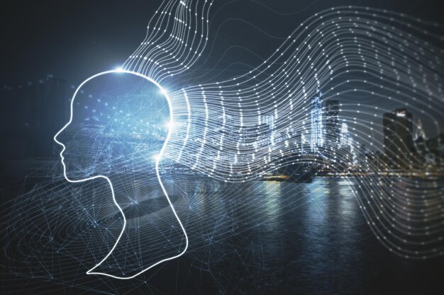 Esquema de cabeza digital creativa en el fondo borroso de la ciudad nocturna Inteligencia artificial y concepto de aprendizaje automático Representación 3D