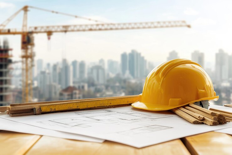 Esquema de construcción urbana Un sitio de construcción con una grúa y un casco duro encima de un pedazo de papel