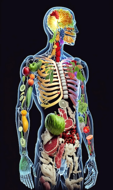 Esquema del cuerpo humano de vegetariano de frutas y verduras sobre fondo negro Concepto de nutrición saludable y vegetarianismo Ilustración generativa de IA