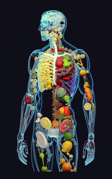 Esquema del cuerpo humano de vegetariano de frutas y verduras sobre fondo negro Concepto de nutrición saludable y vegetarianismo Ilustración generativa de IA