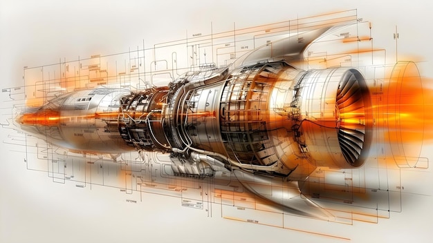 Foto esquema del diseño de un motor a reacción concepto de ingeniería aeroespacial propulsión a reacción diseño de turbina componentes del motor dinámica de termofluidos