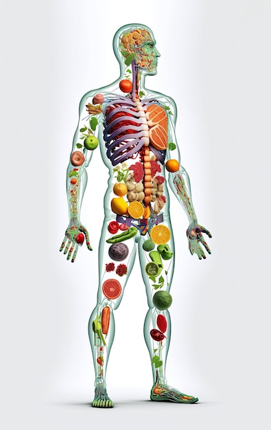 Esquema do corpo humano de vegetariano de frutas e legumes Conceito de nutrição saudável e vegetarianismo em fundo branco Ilustração generativa de IA
