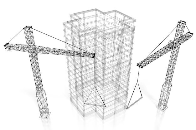 Esquema edificio de oficinas y grúas de construcción ilustración 3D