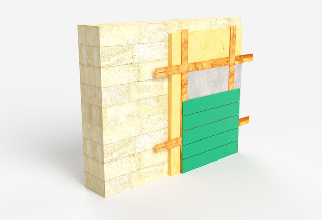 Esquema em camadas de isolamento térmico de parede externa e cobertura por revestimento, ilustração 3D