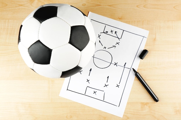 Esquema de juego de fútbol en hoja de papel y fondo de mesa de madera