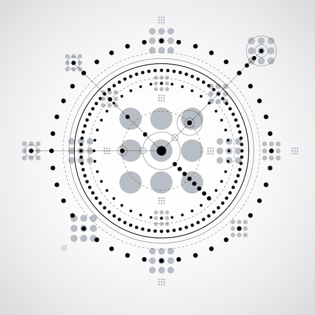 Foto esquema mecánico, dibujo de ingeniería vectorial monocromo con círculos y partes geométricas del mecanismo. el plan técnico se puede utilizar en diseño web y como fondo de pantalla.