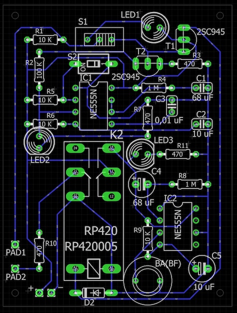 Esquema de placa de circuito electrónico que desarrolla el dibujo del sistema de seguridad real que hace la señal