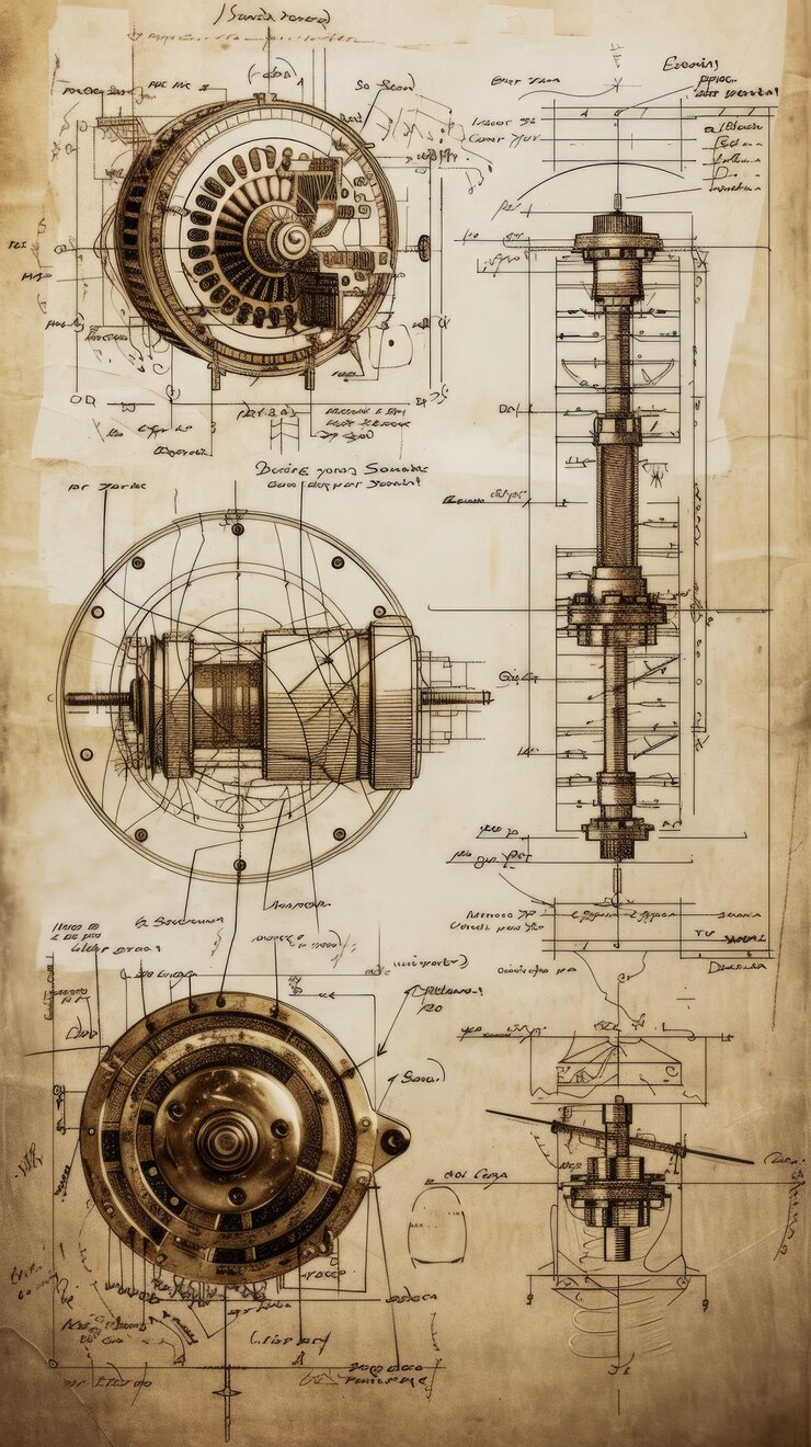Esquemas de motores eléctricos boceto de motores a la izquierda ecuaciones matemáticas a la derecha invención de da Vinci