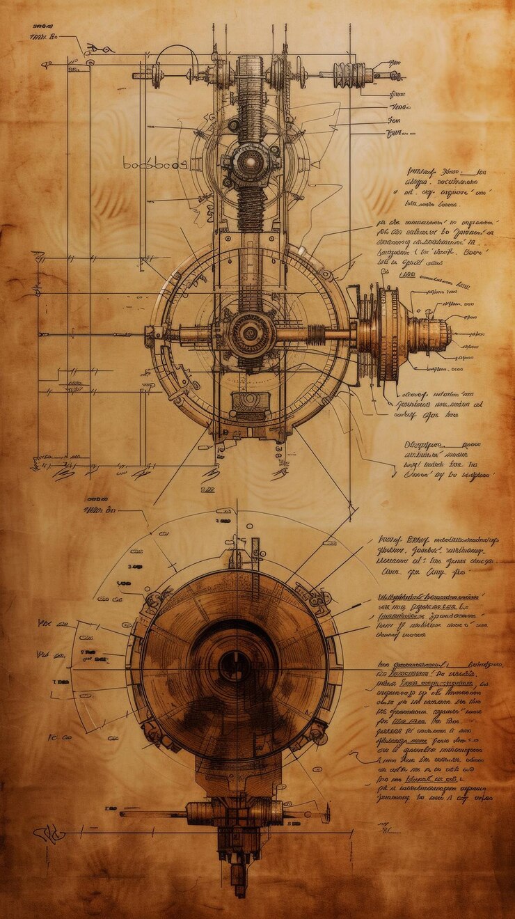 Esquemas de motores eléctricos boceto de motores a la izquierda ecuaciones matemáticas a la derecha invención de da Vinci