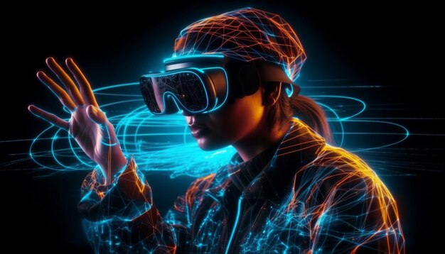 Esqui ciborgue digital no simulador futurista de realidade virtual neon iluminado gerado por IA