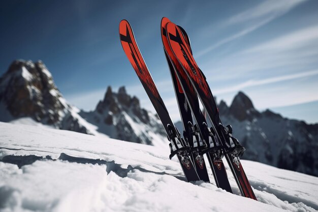 Esquí en las montañas nevadas Equipo de esquí con fondo panorámico helado congelado de montaña Generar ai