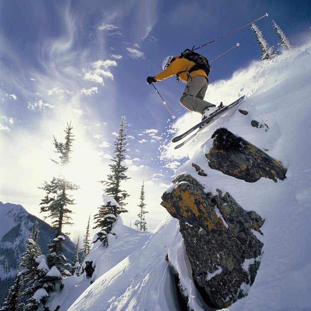 Foto esquiador aéreo en el backcountry de kicking horse resort golden columbia británica canadá