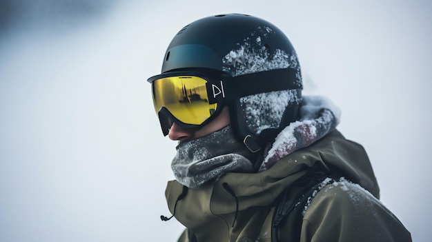 Esquiador en anteojos fondo de primer plano de picos de esquí cubiertos de nieve de las montañas Vacaciones de invierno activas Maqueta de banner de encabezado con espacio de copia generado por IA