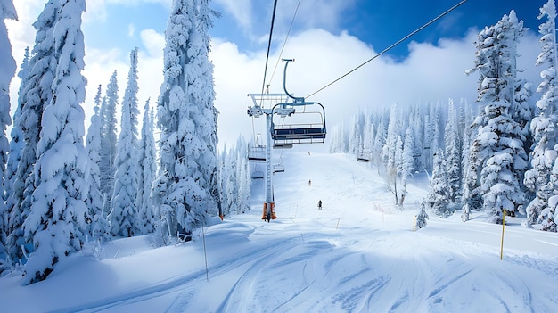 Un esquiador baja por una ladera nevada en una silla de elevación Los árboles están cubiertos de nieve