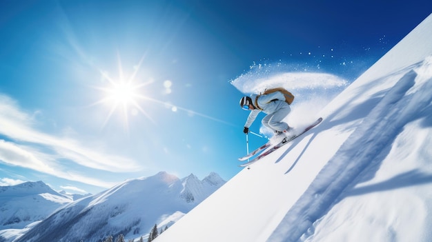 Esquiador bajando una montaña nevada con el sol brillando en la montaña