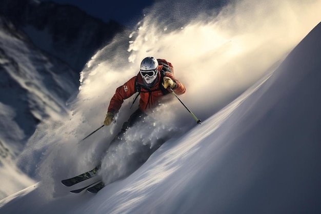 Un esquiador con casco y gafas desciende por una montaña nevada.