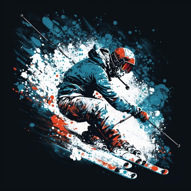 Esquiador con chaqueta azul y casco naranja esquiando cuesta abajo ai generativo