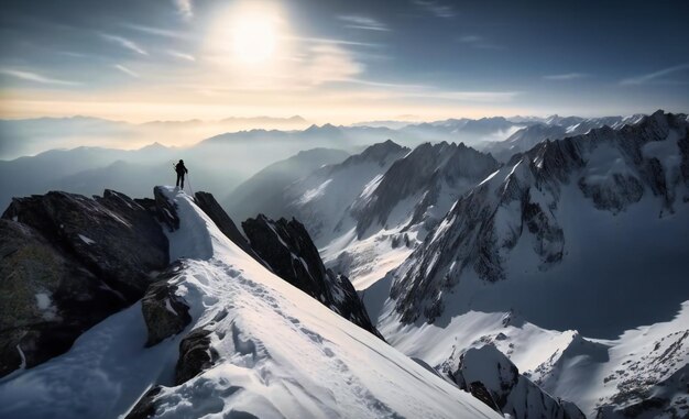 un esquiador en la cima de una montaña nevada