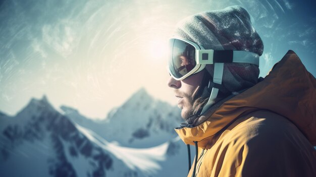 Esquiador com óculos fundo de close de picos de esqui cobertos de neve das montanhas geradas por IA