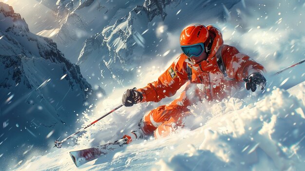 Esquiador de descida em altas montanhas durante um dia ensolarado Esporte extremo