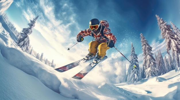 Un esquiador esquiador saltando snowboard deportes extremos de invierno esquiador esquiador cuesta abajo durante el día soleado en altas montañas generativa ai