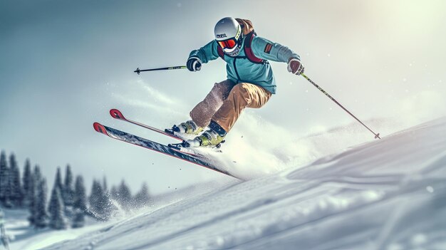 Un esquiador esquiador saltando snowboard deportes extremos de invierno esquiador esquiador cuesta abajo durante el día soleado en altas montañas generativa ai