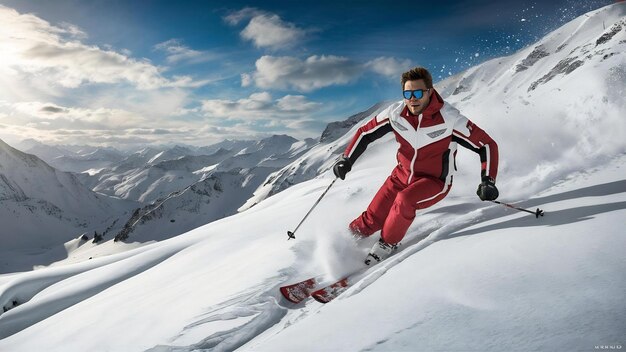 Esquiador masculino descendo na neve profunda nas montanhas