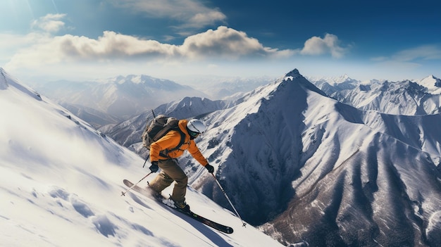 Esquiador de montaña en salto en altas montañas en un día soleado. IA generativa